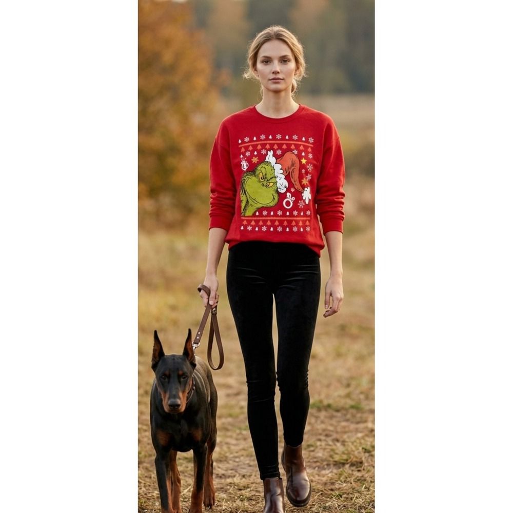 Dr Seuss The Grinch Christmas Sweatshirt Red Graphic Fleece Pullover Large